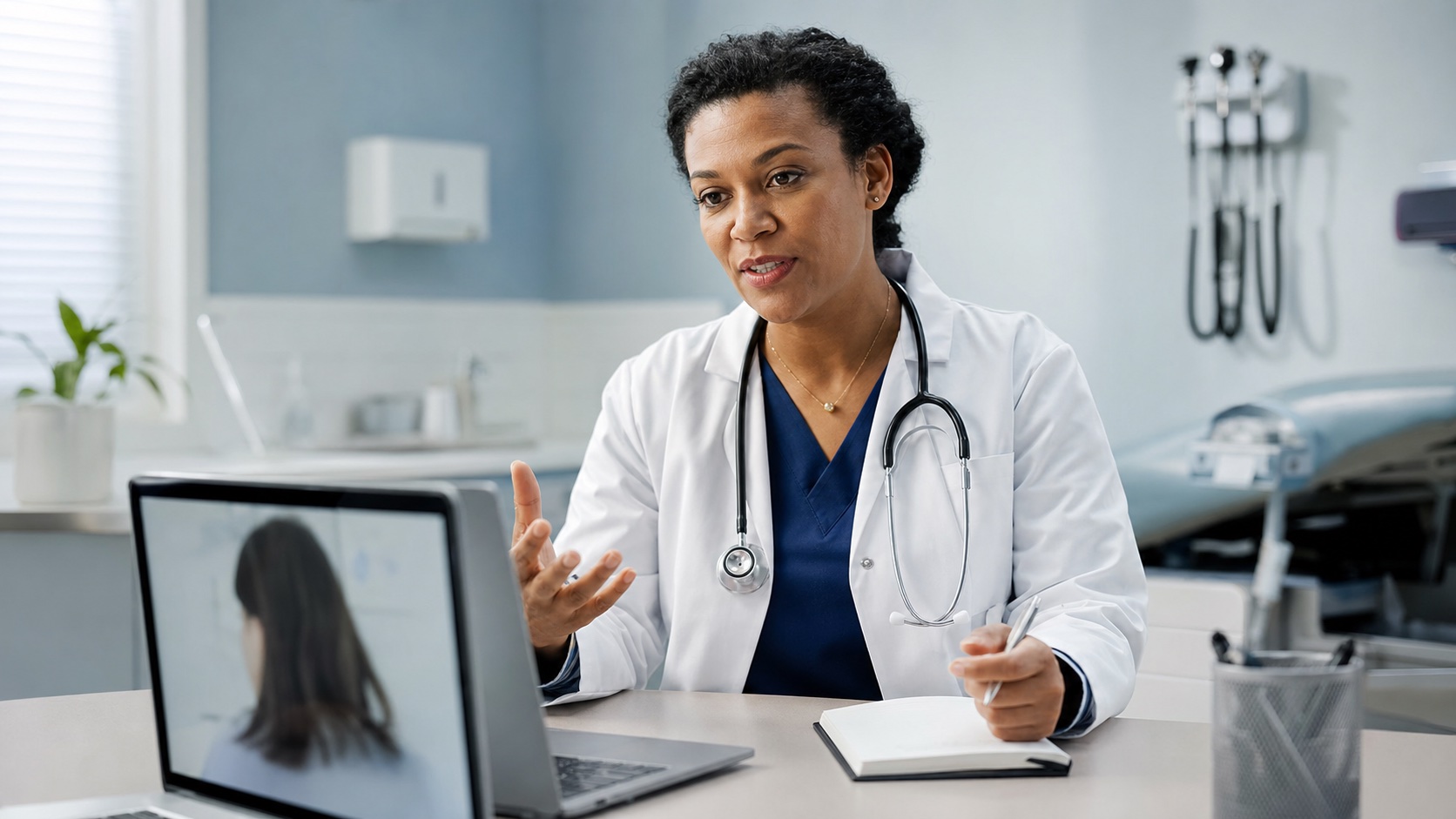 Doctor conducting a telehealth visit from a clinic office
